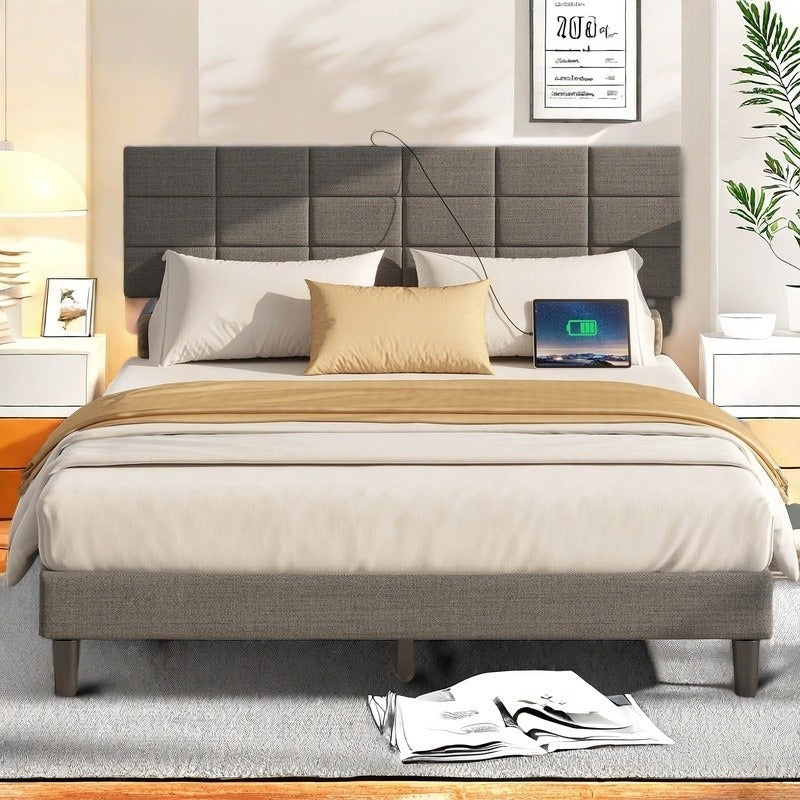 Twin/Full/Queen/King Size Platform Bed Frame with Fabric Upholstered Headboard and Wooden Slats Support, Leather Upholstered Headboard, and Built-in Charging Station, Upholstered Mattress Foundation/No Box Spring Needed/Easy