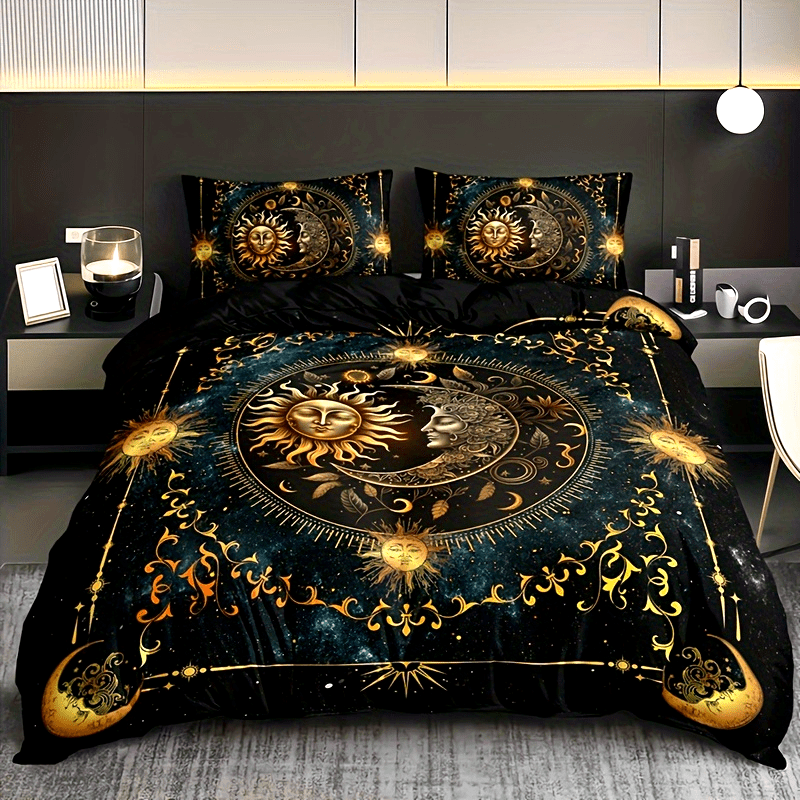 3pcs Bedding Set - Elegant & Golden Sun/Moon/Planets Print Duvet Cover with 2 Pillowcases, All-Season Luxury Bedspread for Queen/King Size Beds, Machine Washable Polyester Bedding For Home & Dorm Decor