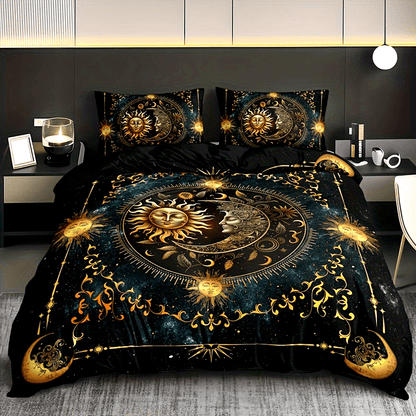 3pcs Bedding Set - Elegant & Golden Sun/Moon/Planets Print Duvet Cover with 2 Pillowcases, All-Season Luxury Bedspread for Queen/King Size Beds, Machine Washable Polyester Bedding For Home & Dorm Decor