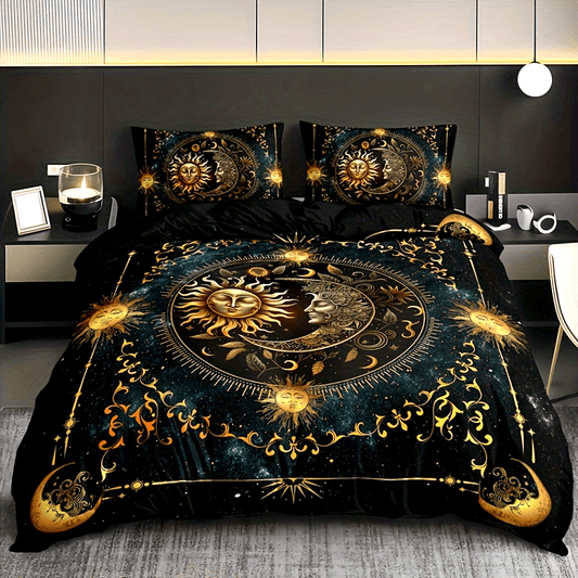 3pcs Bedding Set - Elegant & Golden Sun/Moon/Planets Print Duvet Cover with 2 Pillowcases, All-Season Luxury Bedspread for Queen/King Size Beds, Machine Washable Polyester Bedding For Home & Dorm Decor