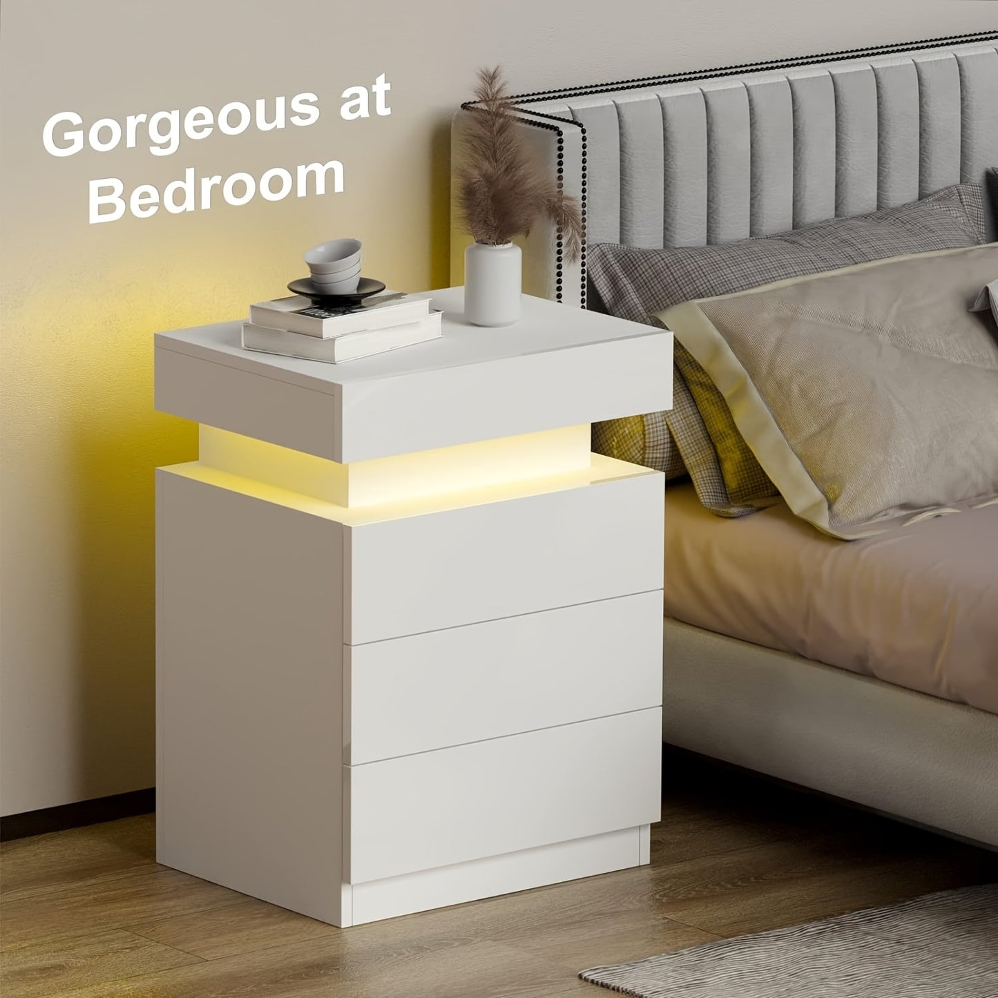 Nightstand with LED Lights, 3 Drawers and 1 Flapping Top Storage Box, White Night Stand for Bedroom, Modern Tall Bedside Table with High Gloss Panel, Glacier White, Darknight Black