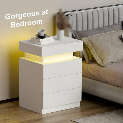 Nightstand with LED Lights, 3 Drawers and 1 Flapping Top Storage Box, White Night Stand for Bedroom, Modern Tall Bedside Table with High Gloss Panel, Glacier White, Darknight Black