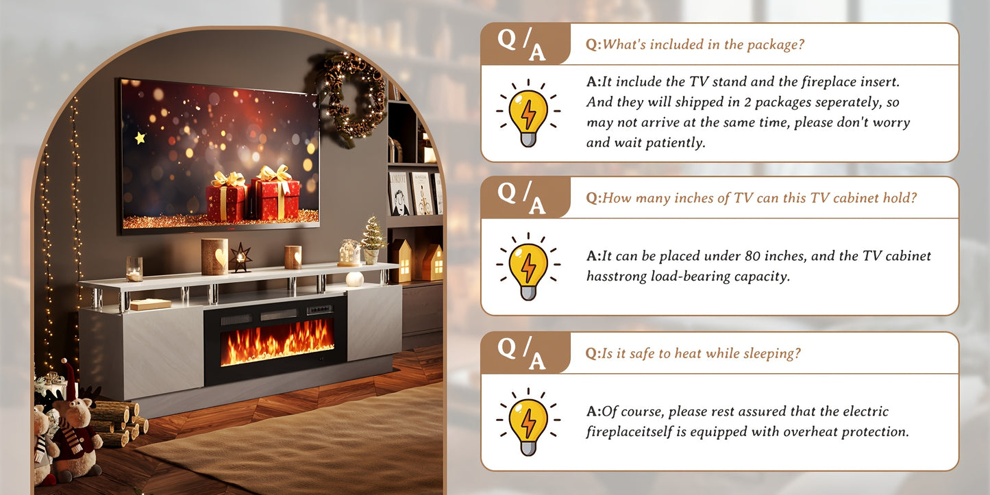 70" Fireplace TV Stand with 36" Electric Fireplace, 2-Tier LED Entertainment Center for TVs Up to 80", Ideal for Living Room,, Grey