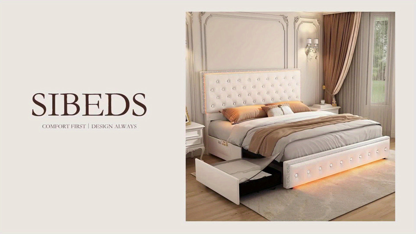 Sibeds Queen Size Upholstered LED Bed Frame With Storage Drawers, King Size Platform Storage Full Bed With Crystal Button Tufted Headboard And Solid Slats Support, Noise Free, No Box Spring Needed, PU Luxury Beds Girls Men's