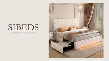 Sibeds Queen Size Upholstered LED Bed Frame With Storage Drawers, King Size Platform Storage Full Bed With Crystal Button Tufted Headboard And Solid Slats Support, Noise Free, No Box Spring Needed, PU Luxury Beds Girls Men's