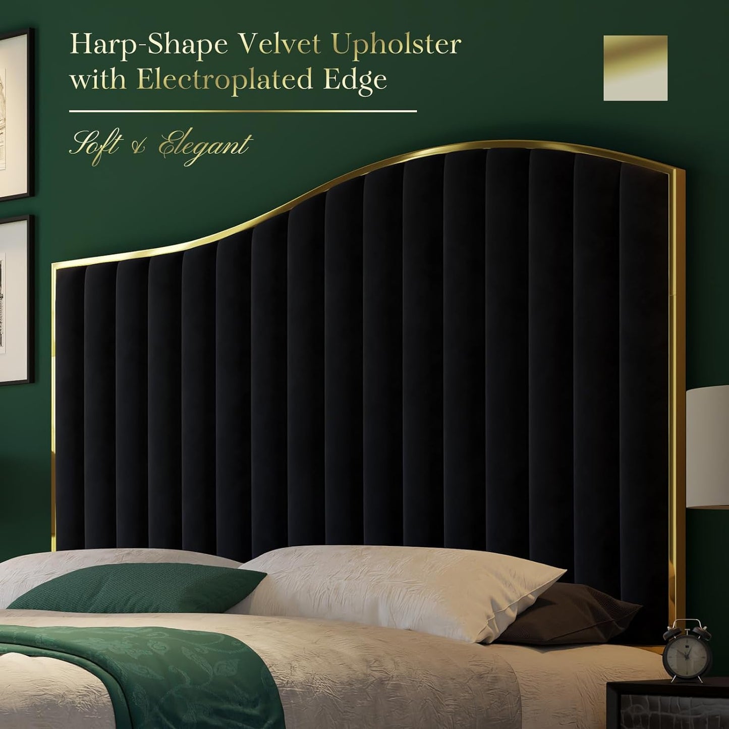 Velvet Bed Frame, 61.4" High Headboard Platform Bed Velvet Upholstered with Gold Trim & Footboard, Black