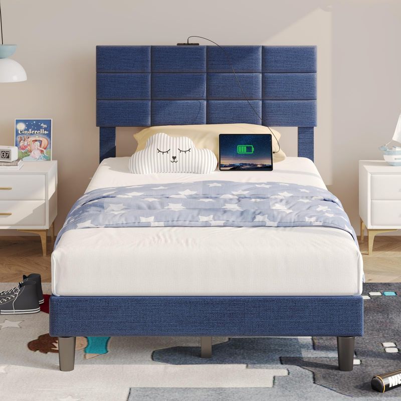 Twin/Full/Queen/King Size Platform Bed Frame with Fabric Upholstered Headboard and Wooden Slats Support, Leather Upholstered Headboard, and Built-in Charging Station, Upholstered Mattress Foundation/No Box Spring Needed/Easy