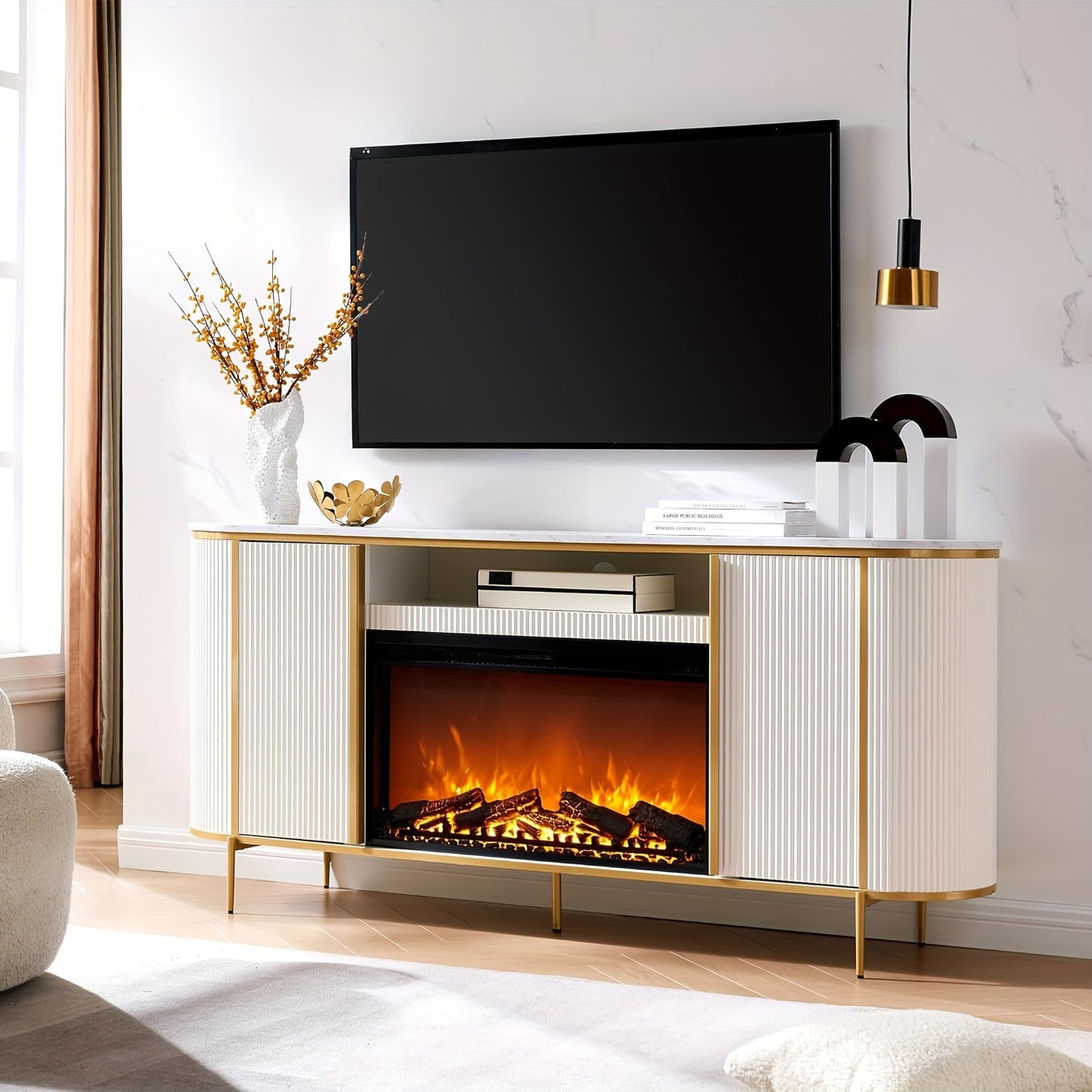 70" Luxury Fireplace TV Stand - Faux Marble Top