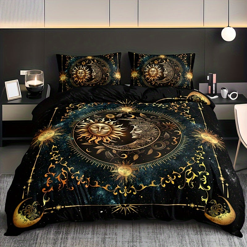 3pcs Bedding Set - Elegant & Golden Sun/Moon/Planets Print Duvet Cover with 2 Pillowcases, All-Season Luxury Bedspread for Queen/King Size Beds, Machine Washable Polyester Bedding For Home & Dorm Decor