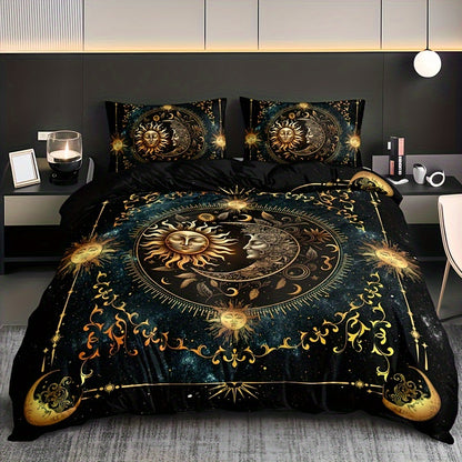 3pcs Bedding Set - Elegant & Golden Sun/Moon/Planets Print Duvet Cover with 2 Pillowcases, All-Season Luxury Bedspread for Queen/King Size Beds, Machine Washable Polyester Bedding For Home & Dorm Decor