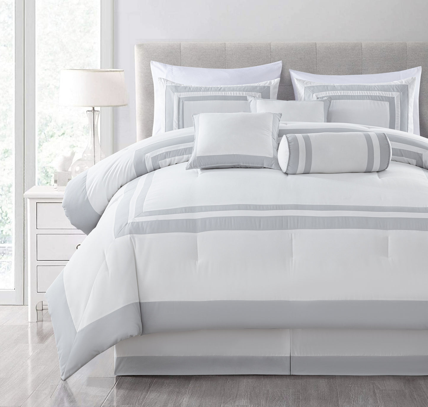 Caprice 7-Piece Modern Hotel Style Square Pattern Comforter Set with Decorative Pillows, Cal King/King/Queen/Full Size