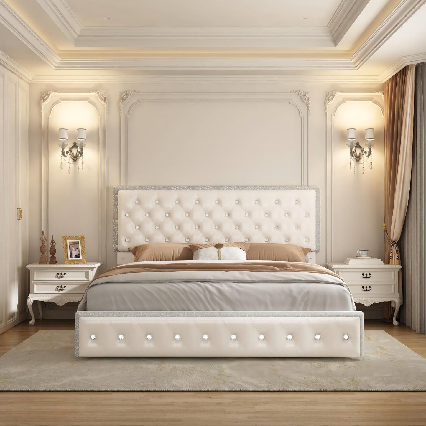 Sibeds Queen Size Upholstered LED Bed Frame With Storage Drawers, King Size Platform Storage Full Bed With Crystal Button Tufted Headboard And Solid Slats Support, Noise Free, No Box Spring Needed, PU Luxury Beds Girls Men's