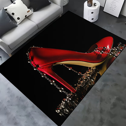 Luxurious Red High Heels & Beads Velvet Area Rug - Non-Slip, Durable For Living Room, Bedroom, Entryway - Foldable Design For Easy Cleaning - Multiple Sizes Available