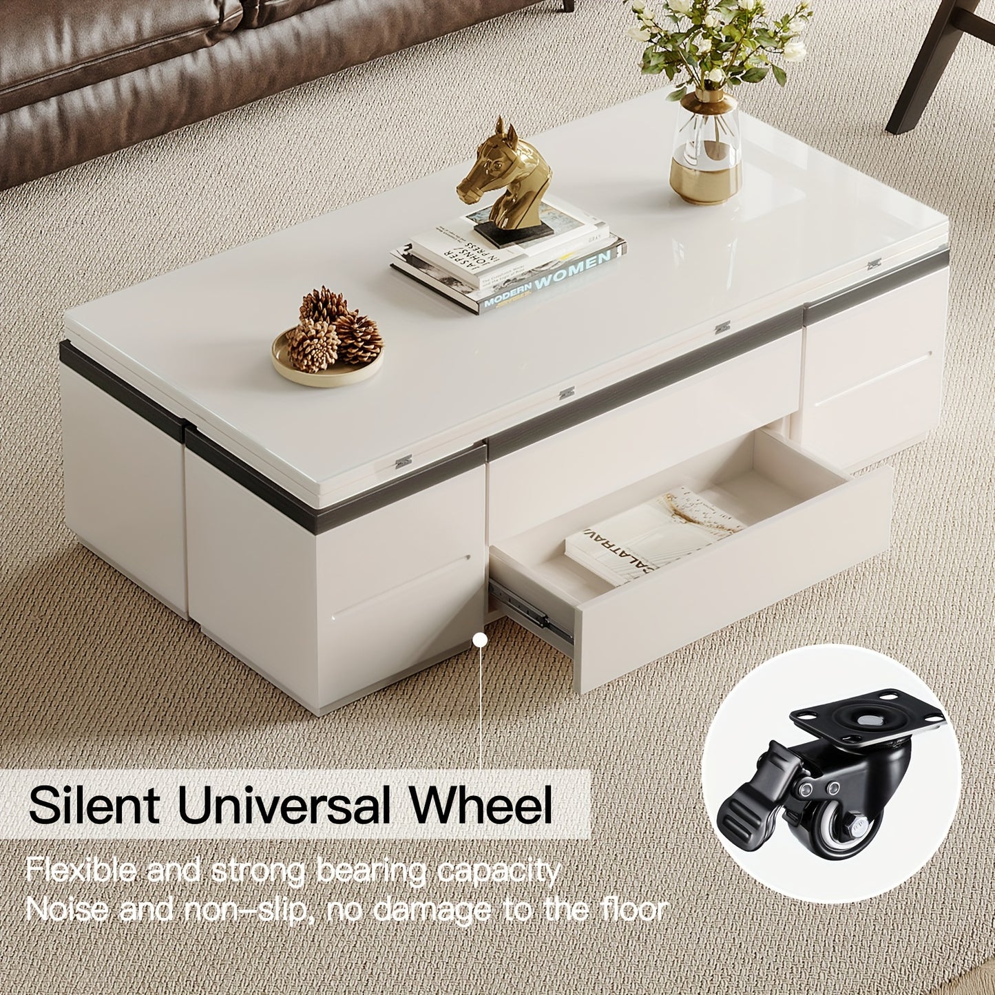 Extendable Coffee Table - 4 Storage Stools & Lift Top