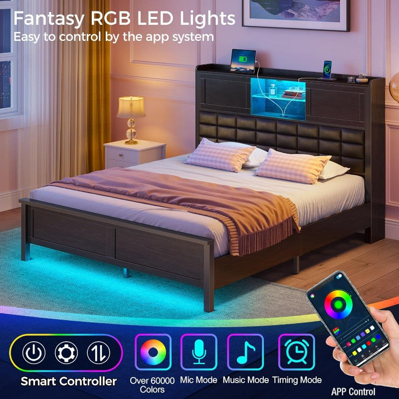 Greenstell Bed Frame Twin/Full/Queen Size with Charging Station, Bookcase Headboard Bed with LED Light and Sliding Doors, Platform Bed with Wooden Slats, No Box Spring Needed, Noise Free