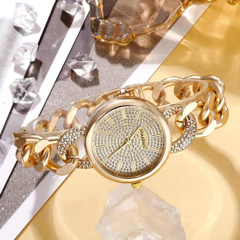 2 Pcs New Fashion Retro Golden Quartz Watch + Simple Rhinestone Bracelet Set, Classic Gift for Friends