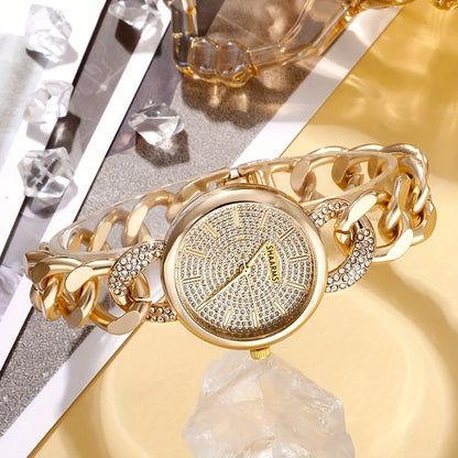 2 Pcs New Fashion Retro Golden Quartz Watch + Simple Rhinestone Bracelet Set, Classic Gift for Friends