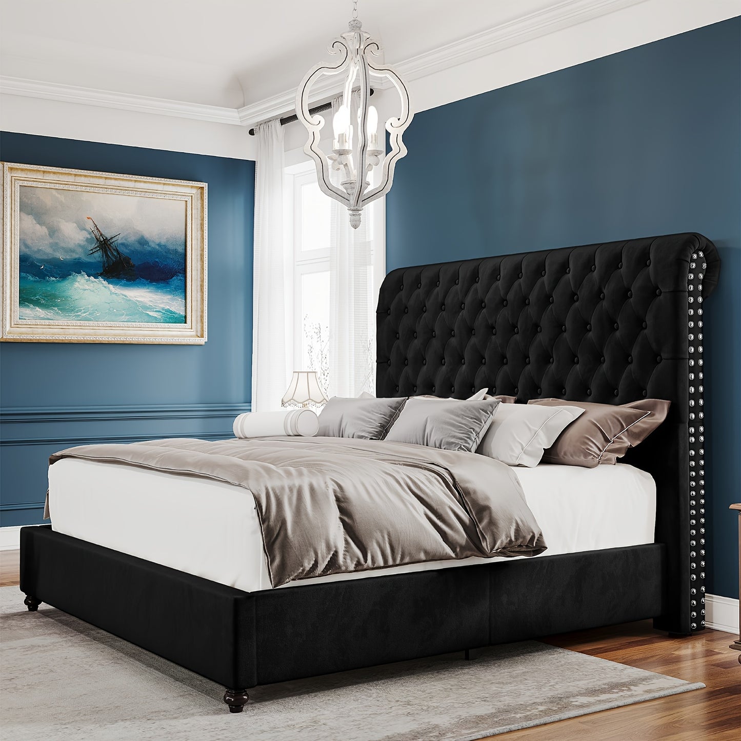 Papajet Fabric-Covered Sleigh Style Bed Frame with Diamond-Studded Headboard