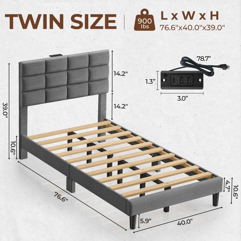 Twin/Full/Queen/King Size Platform Bed Frame with Fabric Upholstered Headboard and Wooden Slats Support, Leather Upholstered Headboard, and Built-in Charging Station, Upholstered Mattress Foundation/No Box Spring Needed/Easy