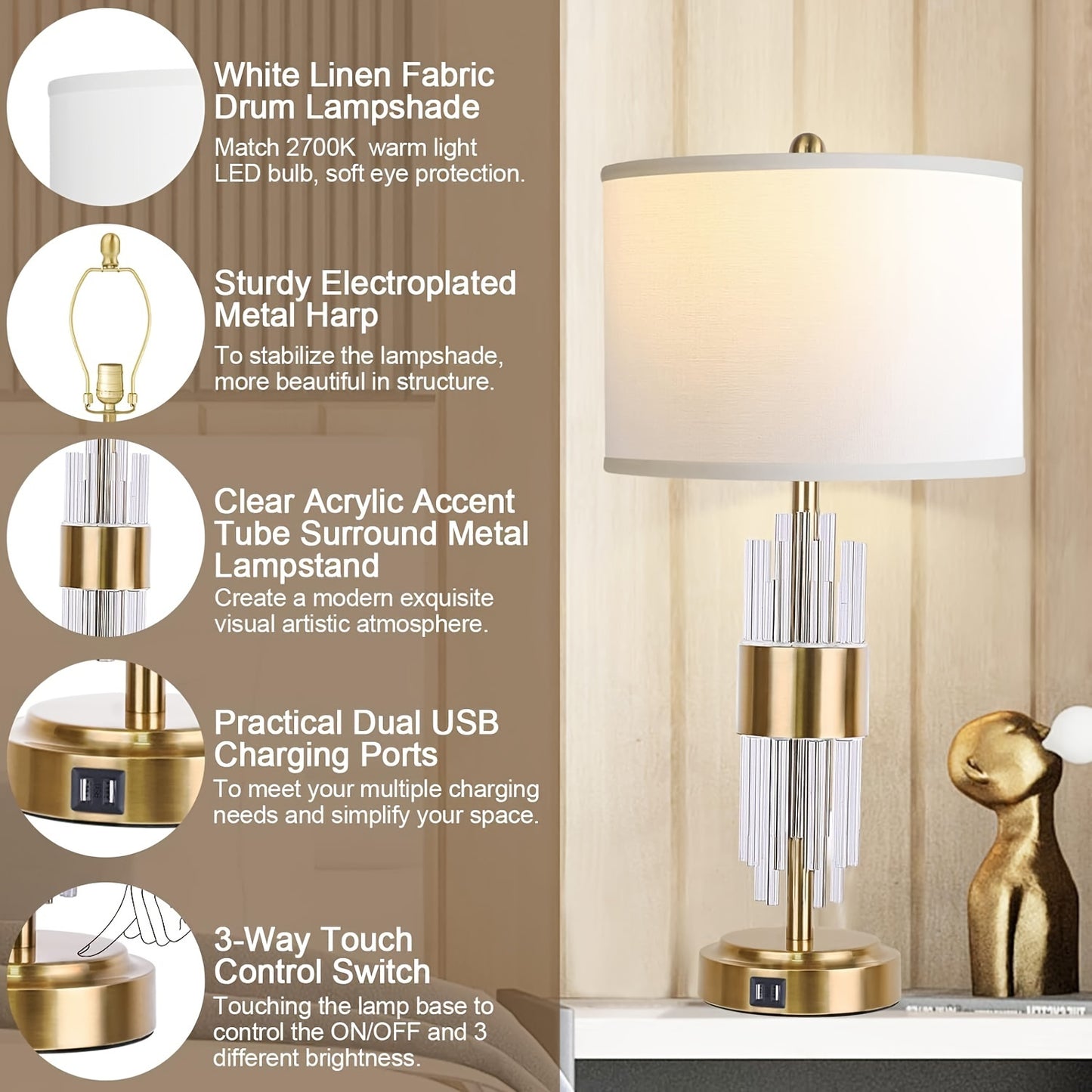 Bedside Table Golden Lamp For Living Room With USB Ports, Set Of 2 With Touch Control, Modern Nightstand White Drum Lamp Shade Bedrooms Home Office Light Decor Valentine'S Day And Easter Gifts