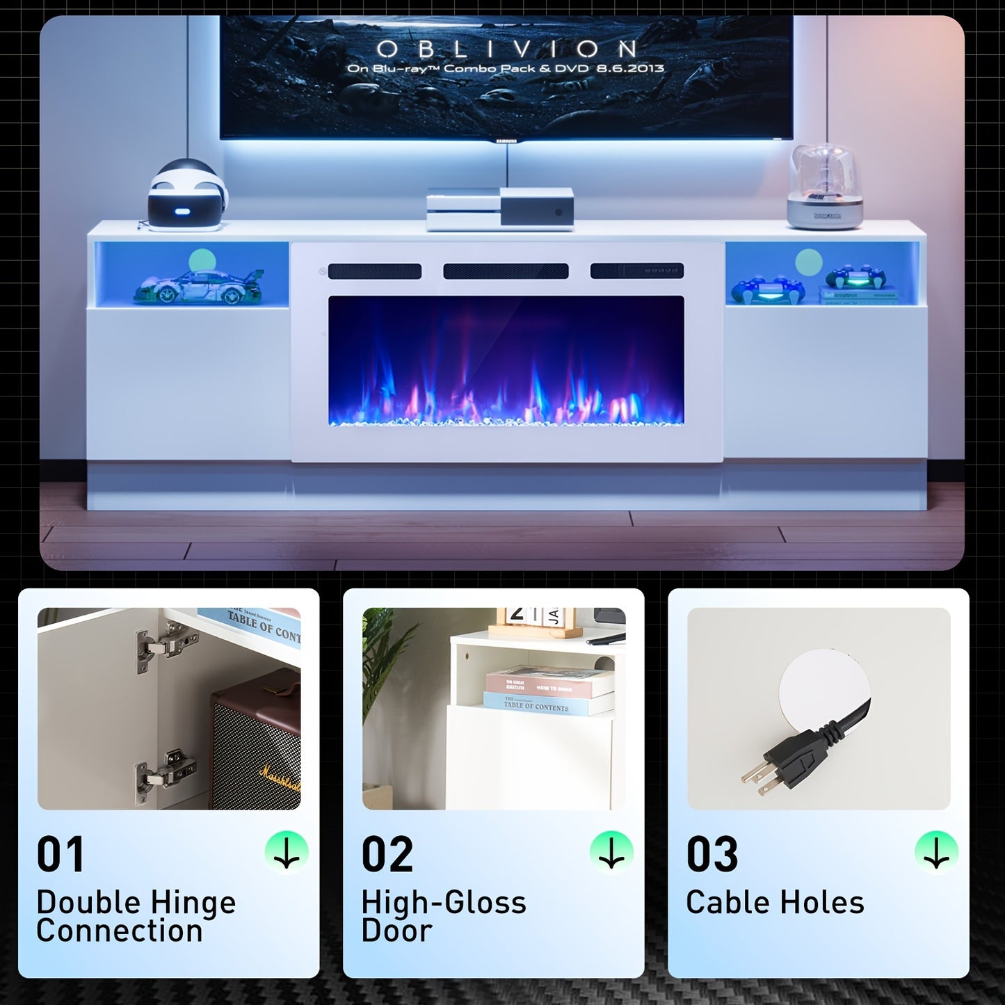 Fireplace TV Stand With 36" Electric Fireplace, Modern Electric Fireplace Entertainment Center With LED Lights For TVs Up To 80", 2 Tier TV Console Cabinet For Living Room, White