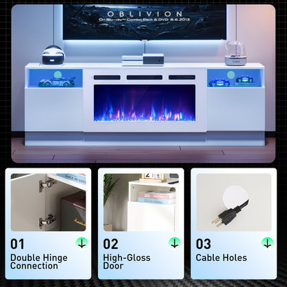 Fireplace TV Stand With 36" Electric Fireplace, Modern Electric Fireplace Entertainment Center With LED Lights For TVs Up To 80", 2 Tier TV Console Cabinet For Living Room, White