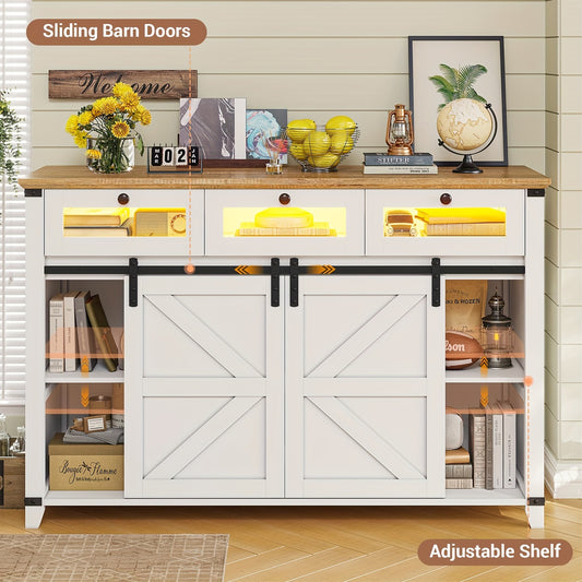 Farmhouse Dresser with LED Lights & Glass Drawers, Chest of Drawers with Sliding Barn Doors for Living Room Bedroom Entryway, White
