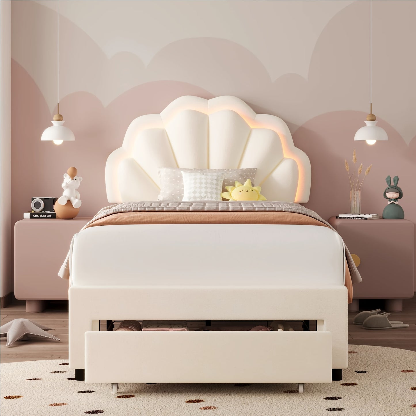 FULTRU LED Bed Frame With Large Storage Drawer, Velvet Upholstered Platform Bed With Adjustable Floral Headboard