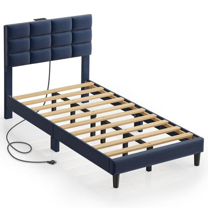 Twin/Full/Queen/King Size Platform Bed Frame with Fabric Upholstered Headboard and Wooden Slats Support, Leather Upholstered Headboard, and Built-in Charging Station, Upholstered Mattress Foundation/No Box Spring Needed/Easy