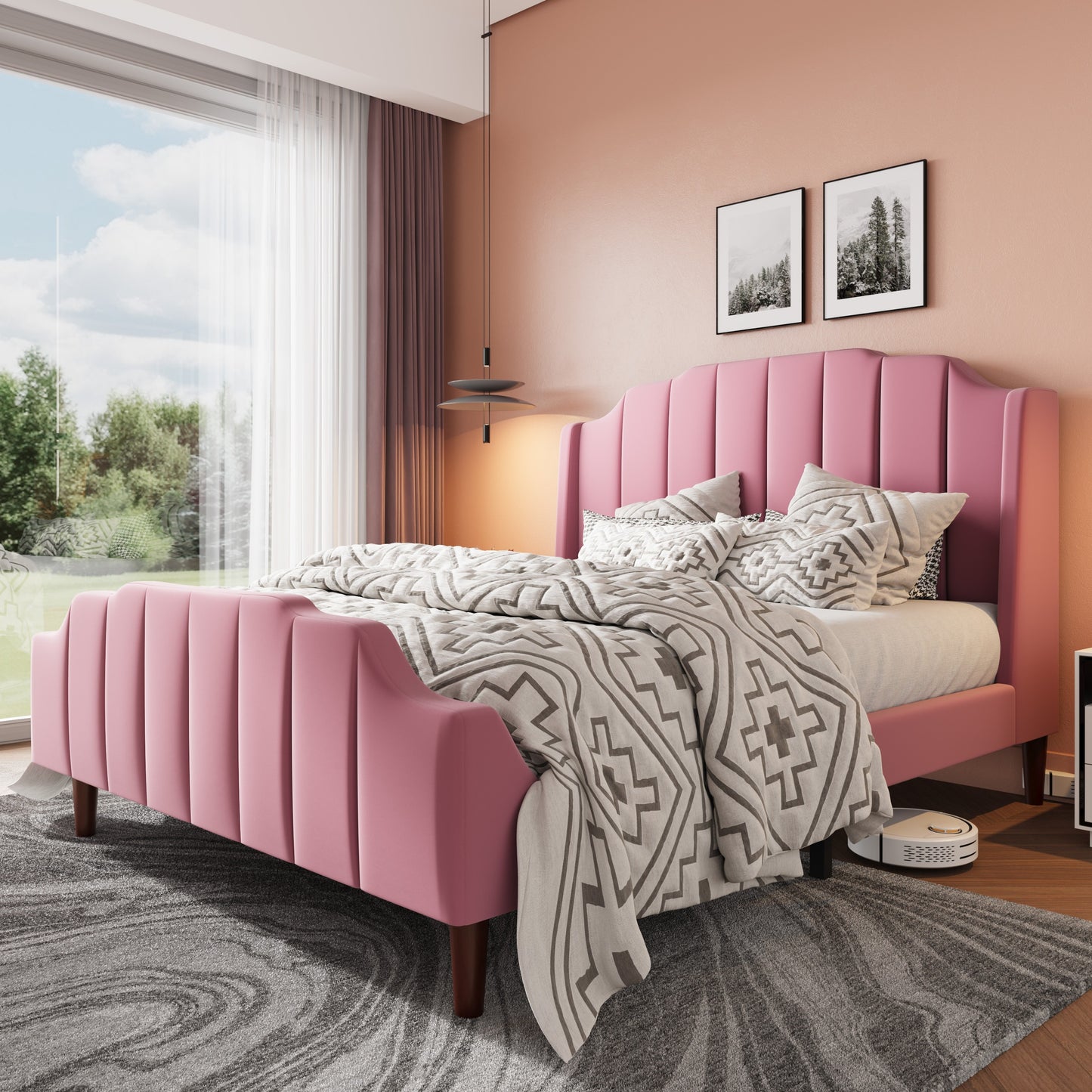 HOOMIC Velvet Queen Size Bed Frame With Wingback Headboard