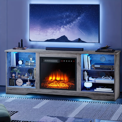 OFIKA 58 Inches Fireplace TV Stand for TVs up to 65 Inches Console with 18'' Electric Fireplace & Remote, Wooden Modern Entertainment Center for Living Room with LED Light Glass Shelves