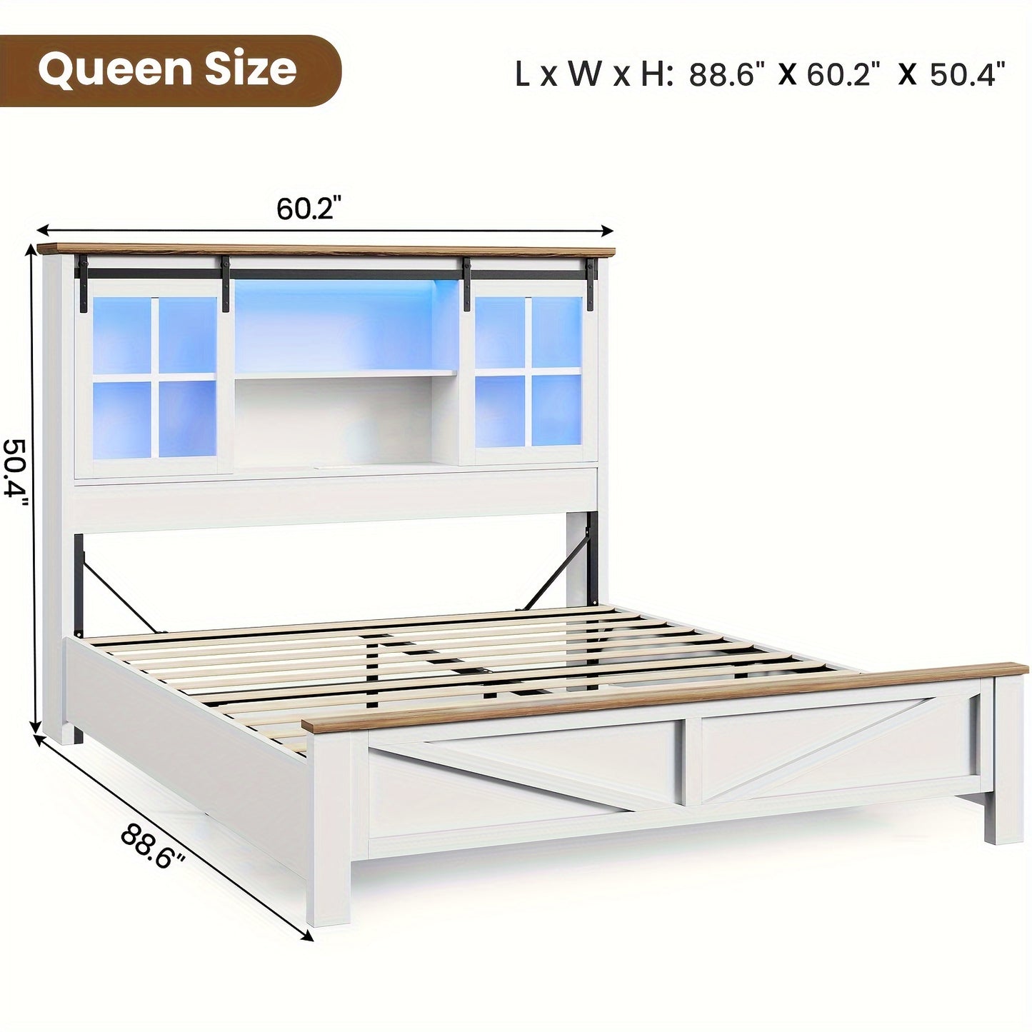 Farmhouse Queen Size Bed Frame with Bookcase Headboard Platform Bed Frames with LED Lights & Charging Station, Queen Storage Bed with Sliding Barn Door, Noiseless, White