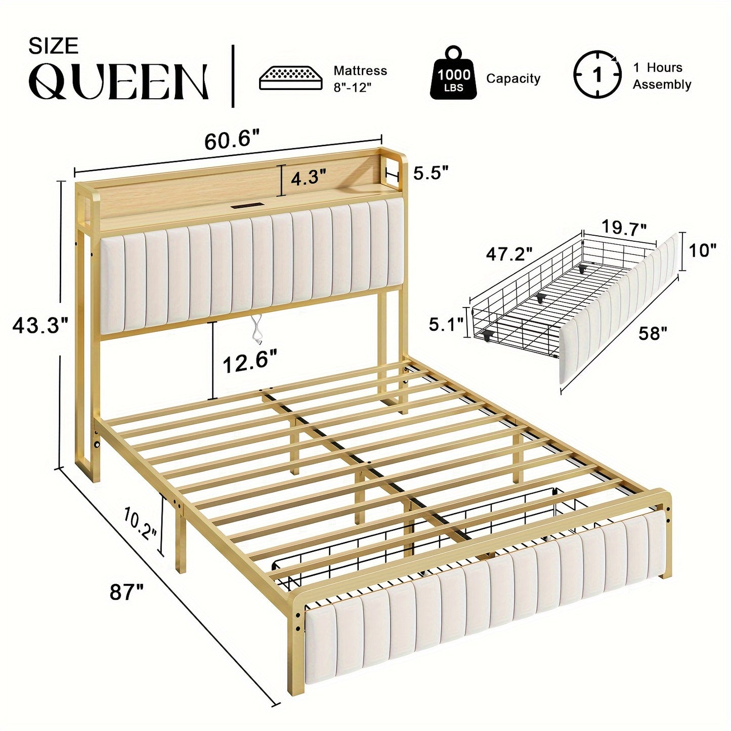 PaPaJet Upholstered Bed Frame with Sensor Light, Storage Headboard Bed with Drawer & Charging Station, No Box Spring Needed