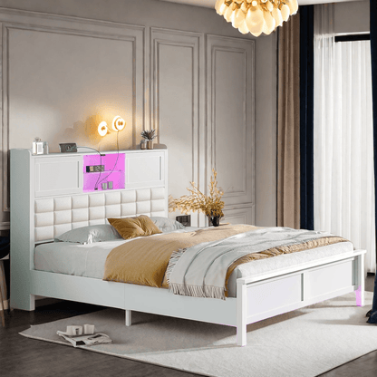 Greenstell Bed Frame Twin/Full/Queen Size with Charging Station, Bookcase Headboard Bed with LED Light and Sliding Doors, Platform Bed with Wooden Slats, No Box Spring Needed, Noise Free