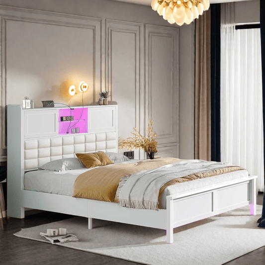 Greenstell Bed Frame Twin/Full/Queen Size with Charging Station, Bookcase Headboard Bed with LED Light and Sliding Doors, Platform Bed with Wooden Slats, No Box Spring Needed, Noise Free