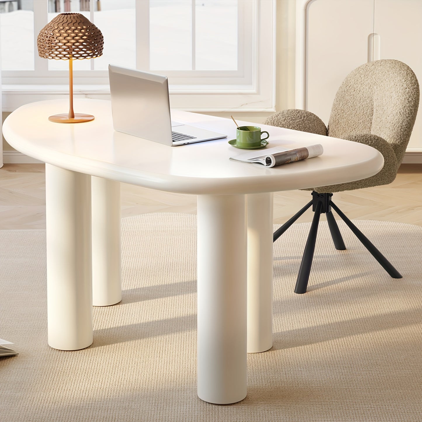 Large Office Desk, Wedge-Shaped Computer Office Desk, Modern Executive Desk, Creamy White Writing Study Desk For Study Room, Home Office, Easy Assembly, Guyii