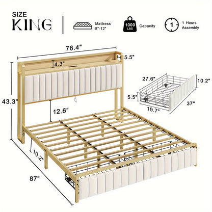 PaPaJet Upholstered Bed Frame with Sensor Light, Storage Headboard Bed with Drawer & Charging Station, No Box Spring Needed