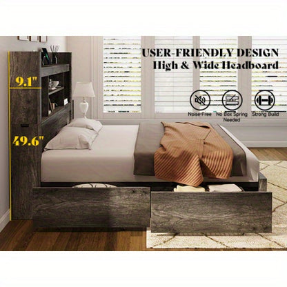 PAPABABE Bed Frame Featuring a 49.6-Inch Bookcase Headboard, Four Drawers, And Two Removable Storage Racks - a Farmhouse-Style Wooden Bed Frame Equipped with RGB LED Lights And a Charging Station, No Box Spring Required.