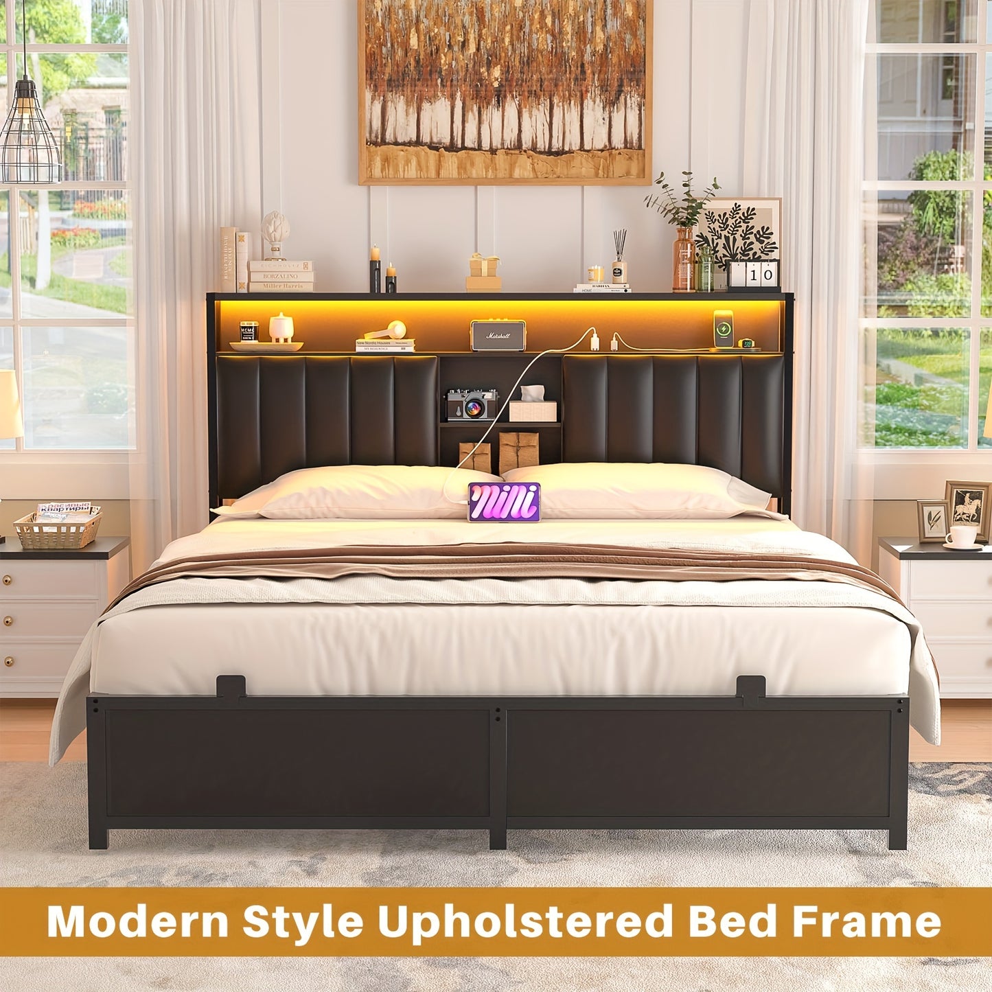 Aheaplus Queen Size Bed Frame with Charging Station & Led Lights, Platform Bed with Leather Upholstered Headboard and Storage, Metal Slats Support No Box Spring Needed, Noise-Free, Black