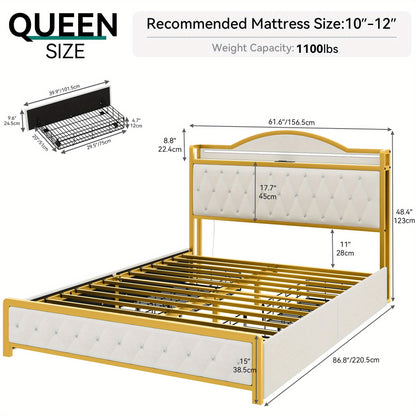 Queen Bed Frame with LED Lights, Platform Upholstered Bed with 4 Storage Drawers and Charging Station, Crystal Button- Tufted Headboard Footboard, No Box Spring Needed- White