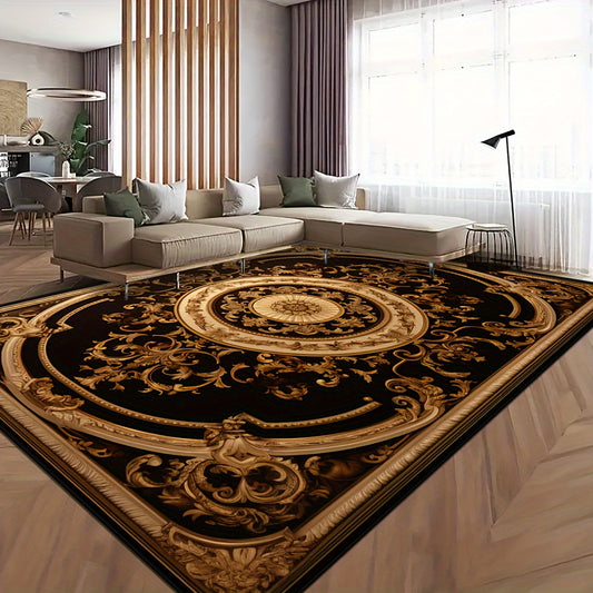 Luxury Exquisite Pattern Design Carpet: Black Base Color, Dirt-Resistant, Easy to Clean, Large Floor Mat, Comfortable Machine Washable, Soft Touch, Indoor and Outdoor Rug
