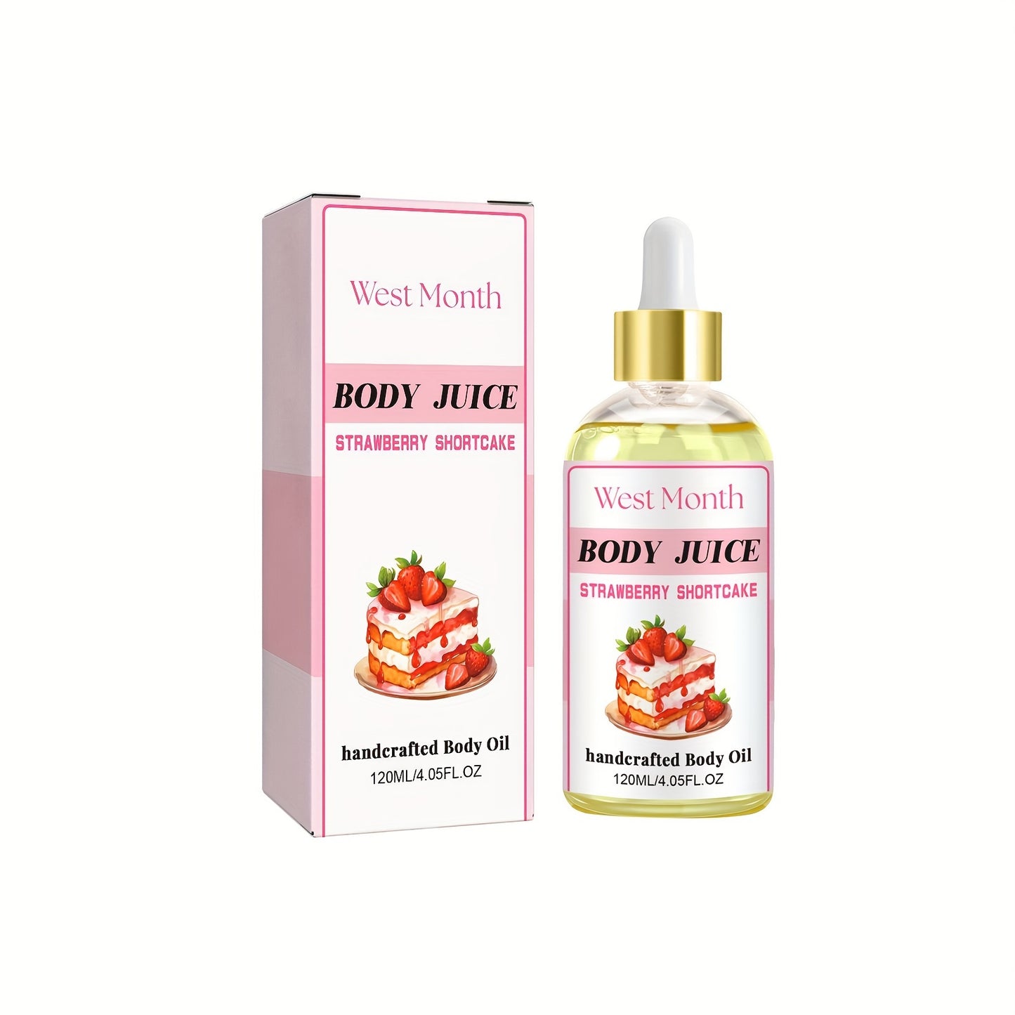 120ml/4.05 Fl.Oz, Body Juice Strawberry Shortcake Scented Massage Oil, With Strawberry Extract, Jojoba, Coconut, Avocado & Olive Oils, Hydrating Body Oil