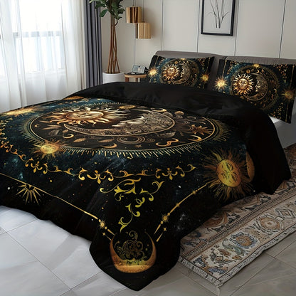 3pcs Bedding Set - Elegant & Golden Sun/Moon/Planets Print Duvet Cover with 2 Pillowcases, All-Season Luxury Bedspread for Queen/King Size Beds, Machine Washable Polyester Bedding For Home & Dorm Decor