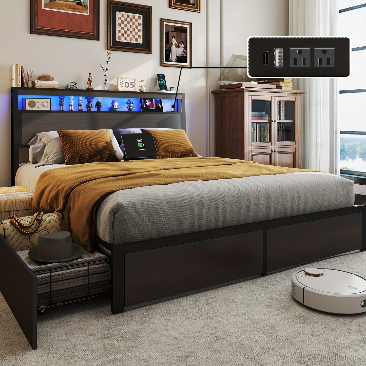 Bed Frame Available in Full, Queen, And King Sizes Featuring LED Lights And a Charging Station. This Metal Platform Bed Includes a Two-Tier Wooden Storage Headboard And Four Storage Drawers. It Operates Quietly, Does Not Requ