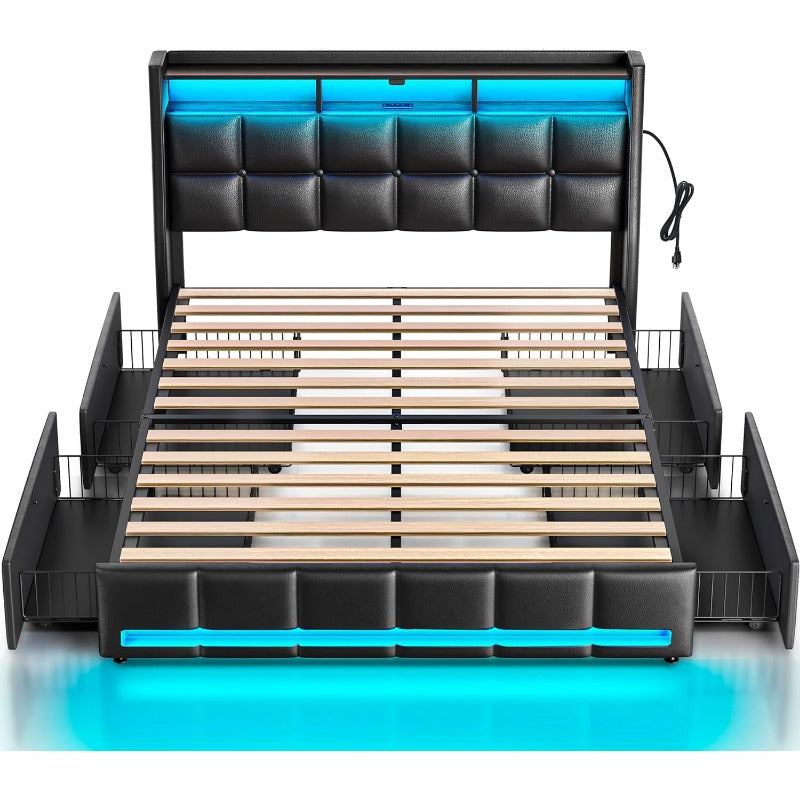 Twin Full Queen Bed Frame with LED Lighting, Built-in Charging Station, have RemotePU Leather/neutral-toned linen fabric Storage Headboard & Drawers,Heavy Duty Wood Slats, Quick & Easy Assembly - Perfect for Bedroom Furniture