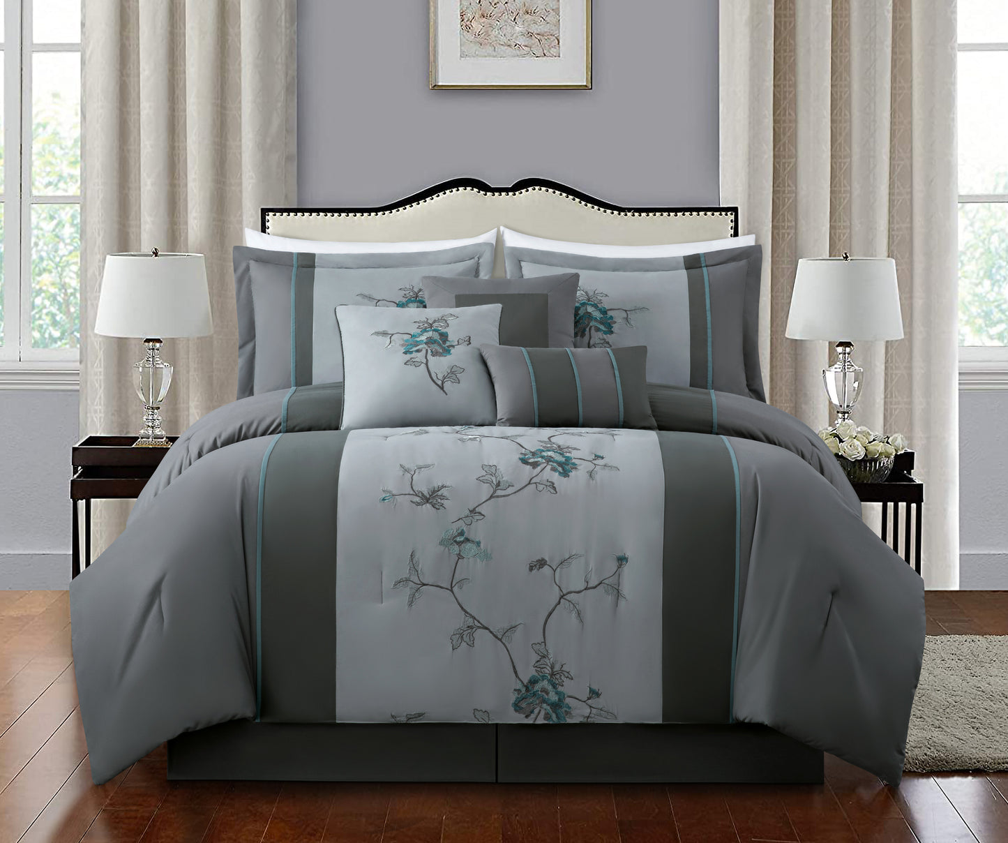 Vienna 7-Piece Embroidered Floral Comforter Set, California King/King/Queen/Full Sizes - Christmas Gift for Family and Friends