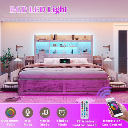 PAPABABE Bed Frame Featuring a 49.6-Inch Bookcase Headboard, Four Drawers, And Two Removable Storage Racks - a Farmhouse-Style Wooden Bed Frame Equipped with RGB LED Lights And a Charging Station, No Box Spring Required.