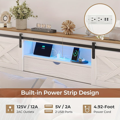 Farmhouse Metal Bed Frame with LED Lights & Charging Station, Queen Size Platform Bed with Storage Shelves & 2 Drawers, Walnut White