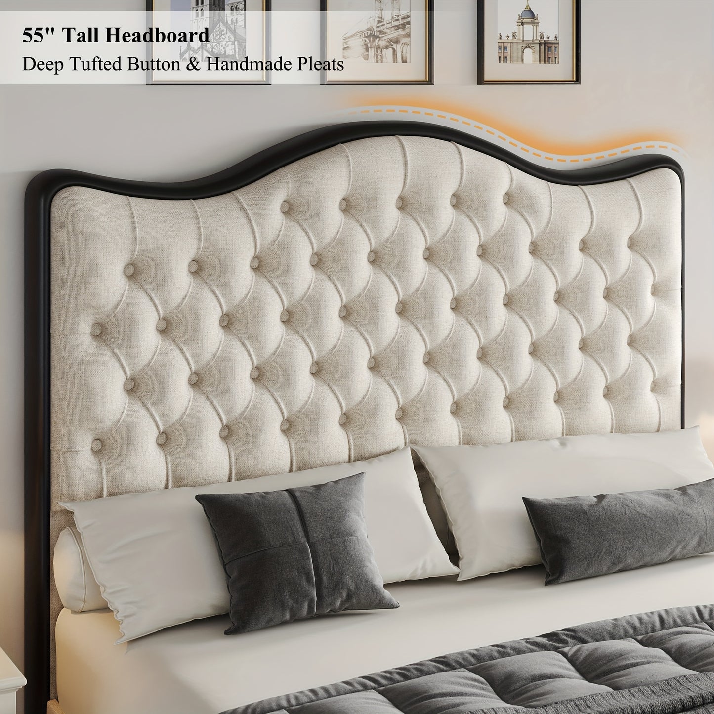 FULTRU Queen/King Size Bed Frame, 55" Tall Platform Bed with Curved Headboard, Velvet/Leather Upholstered Bed with Deep Tufted Button, Handmade Pleats, Gold/Black Metal Frame, Wooden Slats Support, No Box Spring Needed