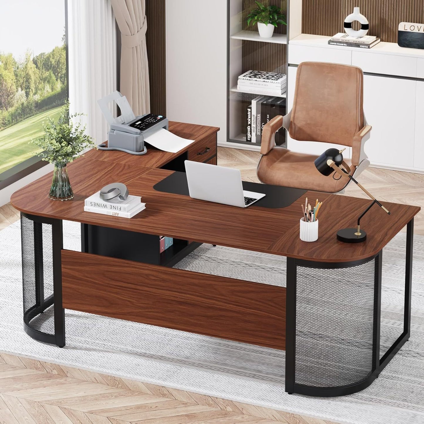63-Inch Executive Desk - Large L-Shaped Desk with Drawer Cabinet & Storage Shelves - Corner Executive Office Desk - Business Furniture Set Workstation for Home Office - For Professionals & Entrepreneurs - Perfect for Home Off